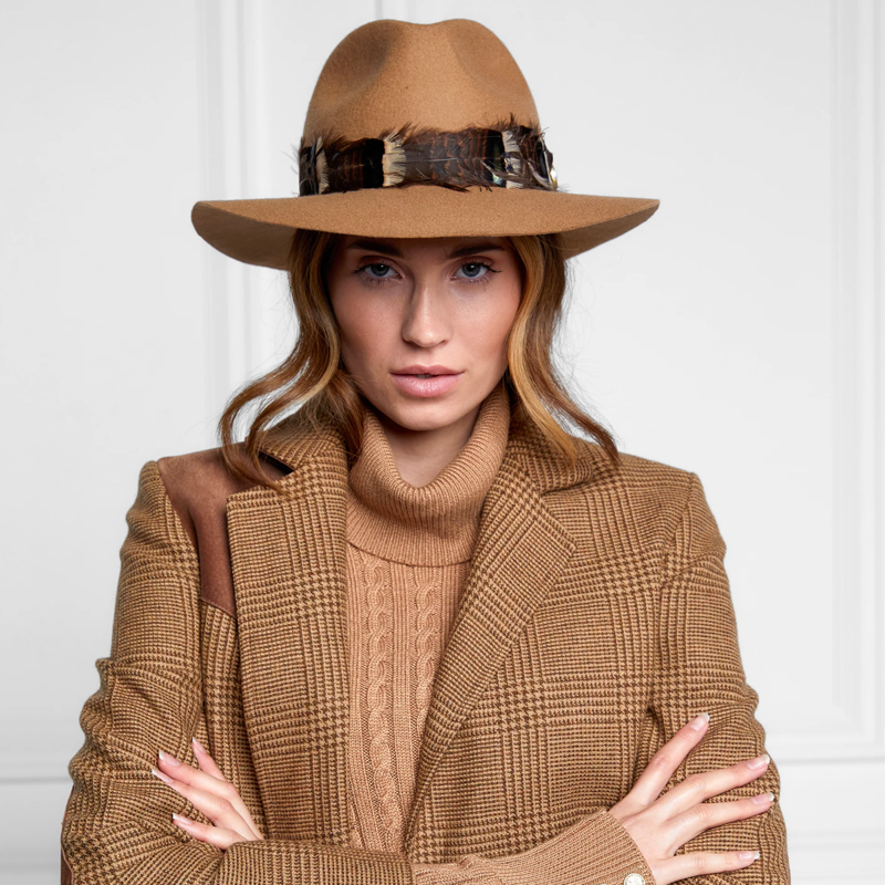 Holland Cooper Iridescent Feather Band Trilby Hat - Camel-1